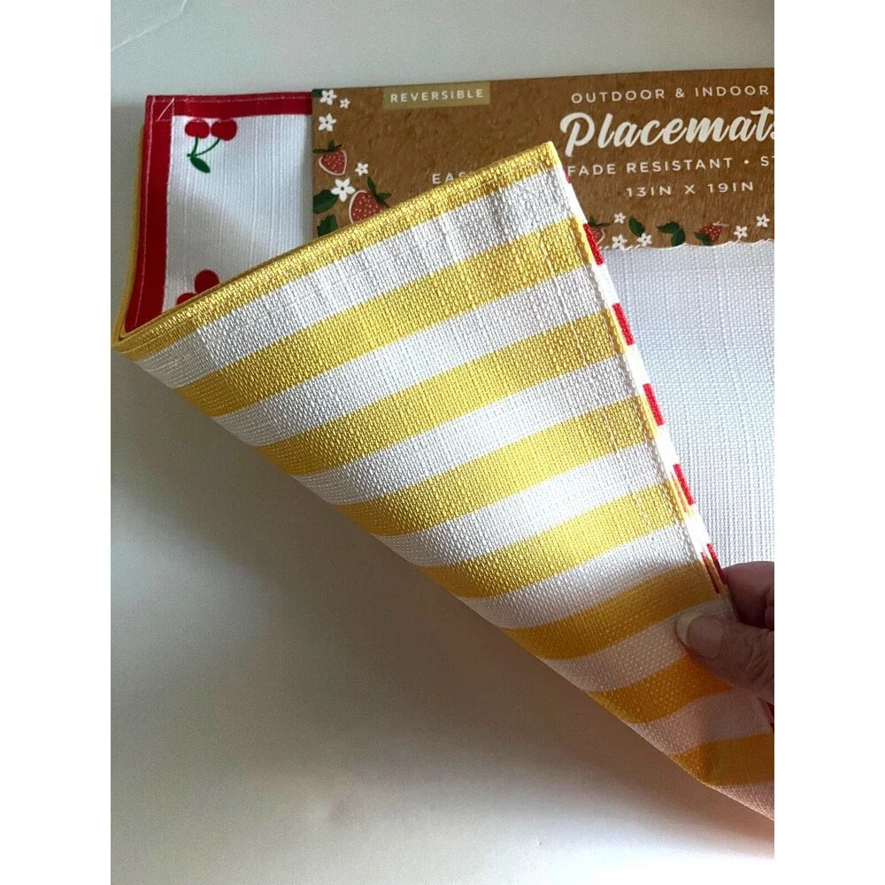 Fruit Banana Cherries Reversible Stripe Indoor Outdoor Placemats Set of 4 Summer